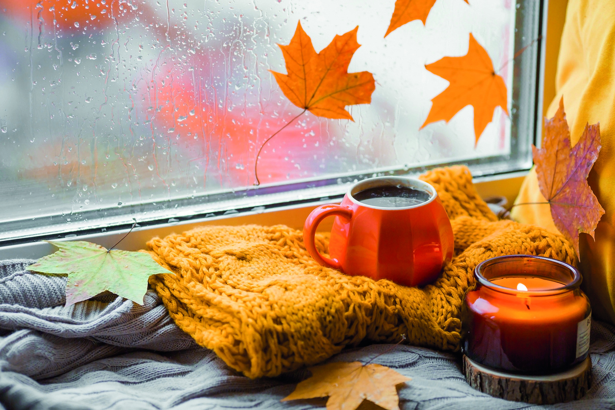 Beautiful autumn still life. The concept of home comfort in rainy autumn weather.